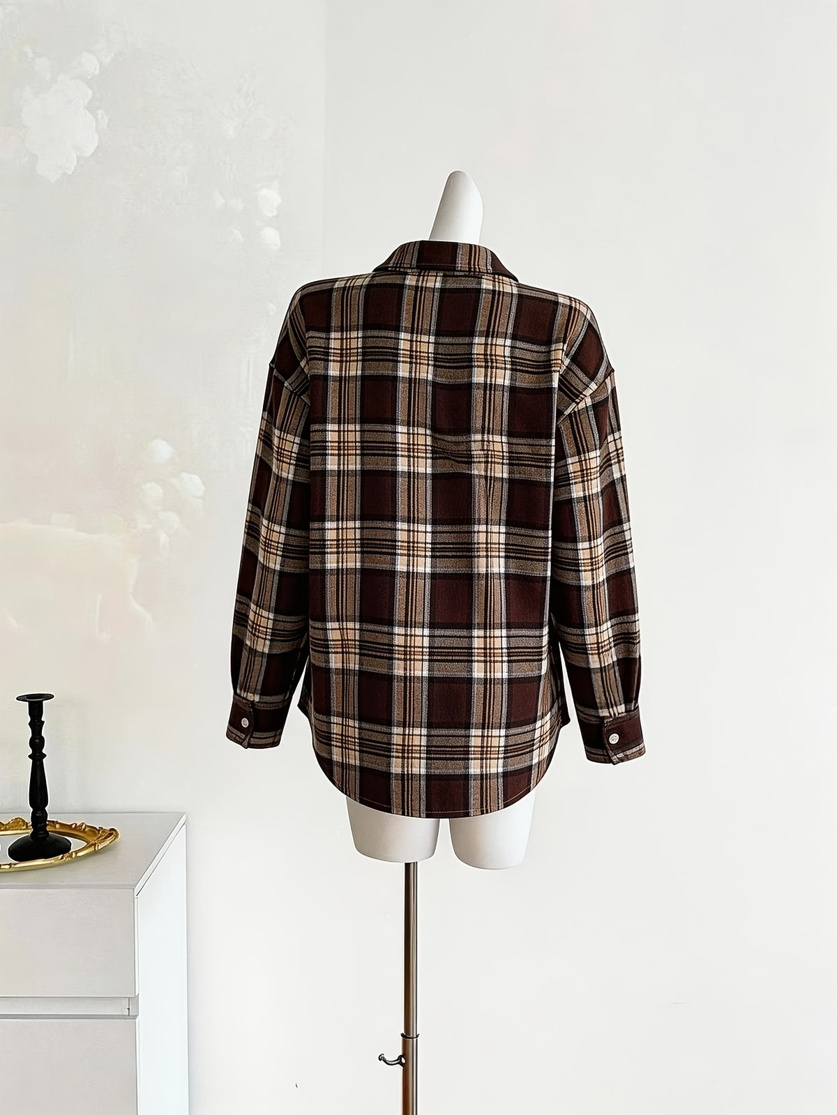 Women'S Spring Summer New Checkered Printed Lapel Long Sleeve Loose Casual Fashion Shirt - 【Brown】