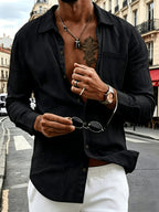 Men's 2pcs Linen Long Sleeve Lapel Shirt, Wrinkle-Resistant, Breathable, Lightweight Pointed Collar Casual Shirt, Chest Pocket Design, Full Button-Front, Loose and Comfortable Fit, Skin-Friendly Soft Quick-Drying Fabric, Solid Color Men's Business - Black And brown