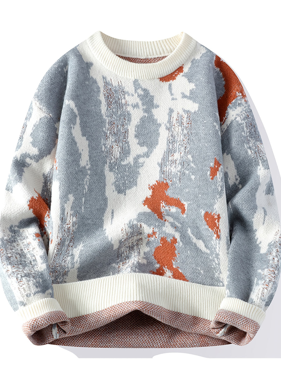 Autumn Winter Trendy Men'S Youth Dye Graffiti Jacquard Sweater Casual Pullover Top - Grey