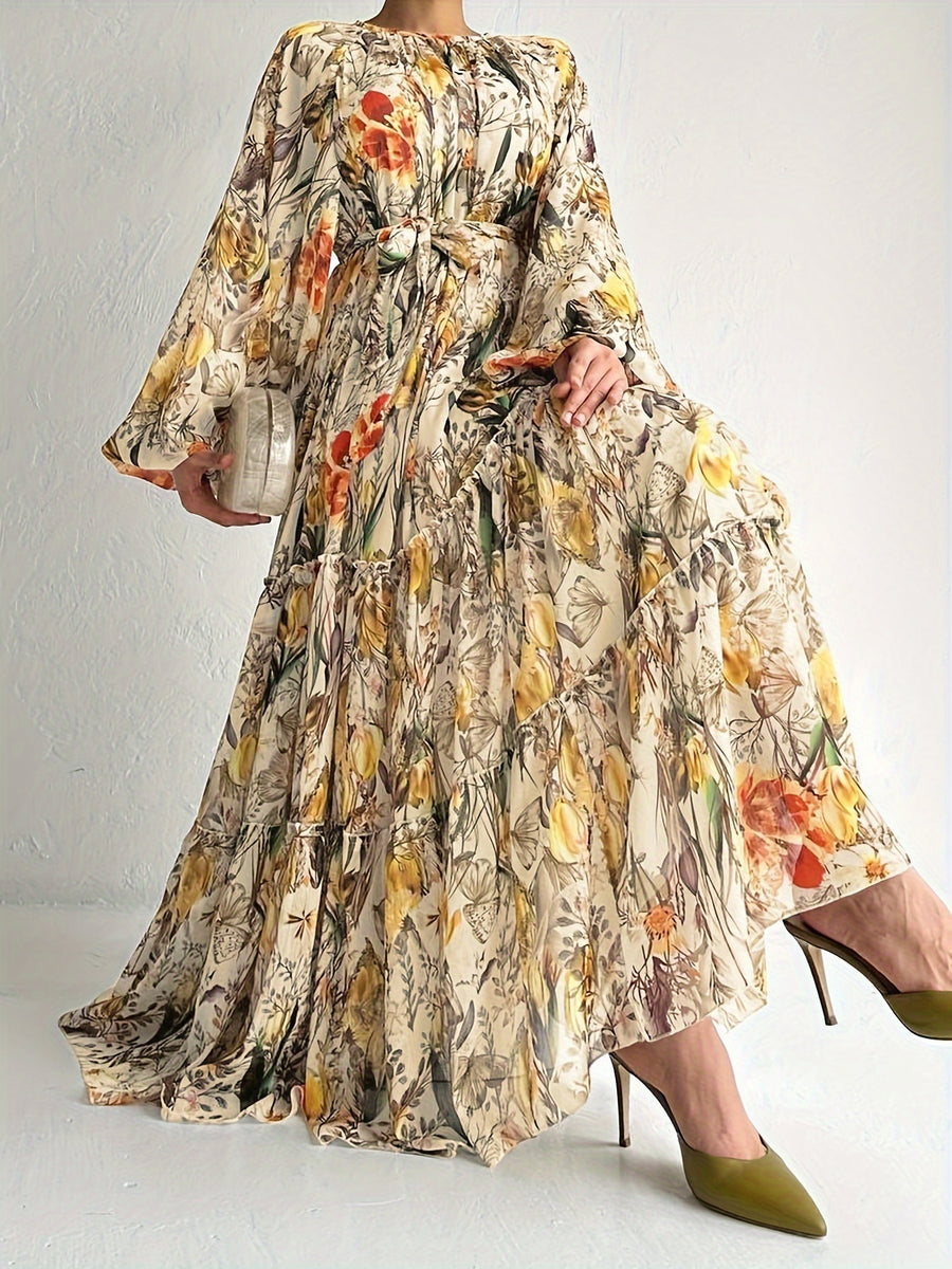Middle Eastern Muslim Fashion Floral Print Long Dress - ginger-colored