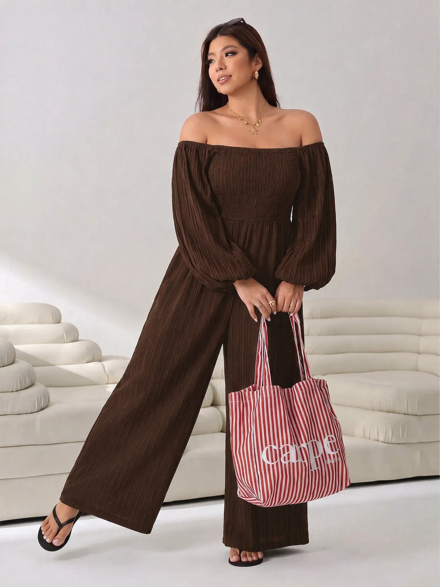 Plus Size Women'S Solid Long Sleeve Wide Leg Jumpsuit - Brown