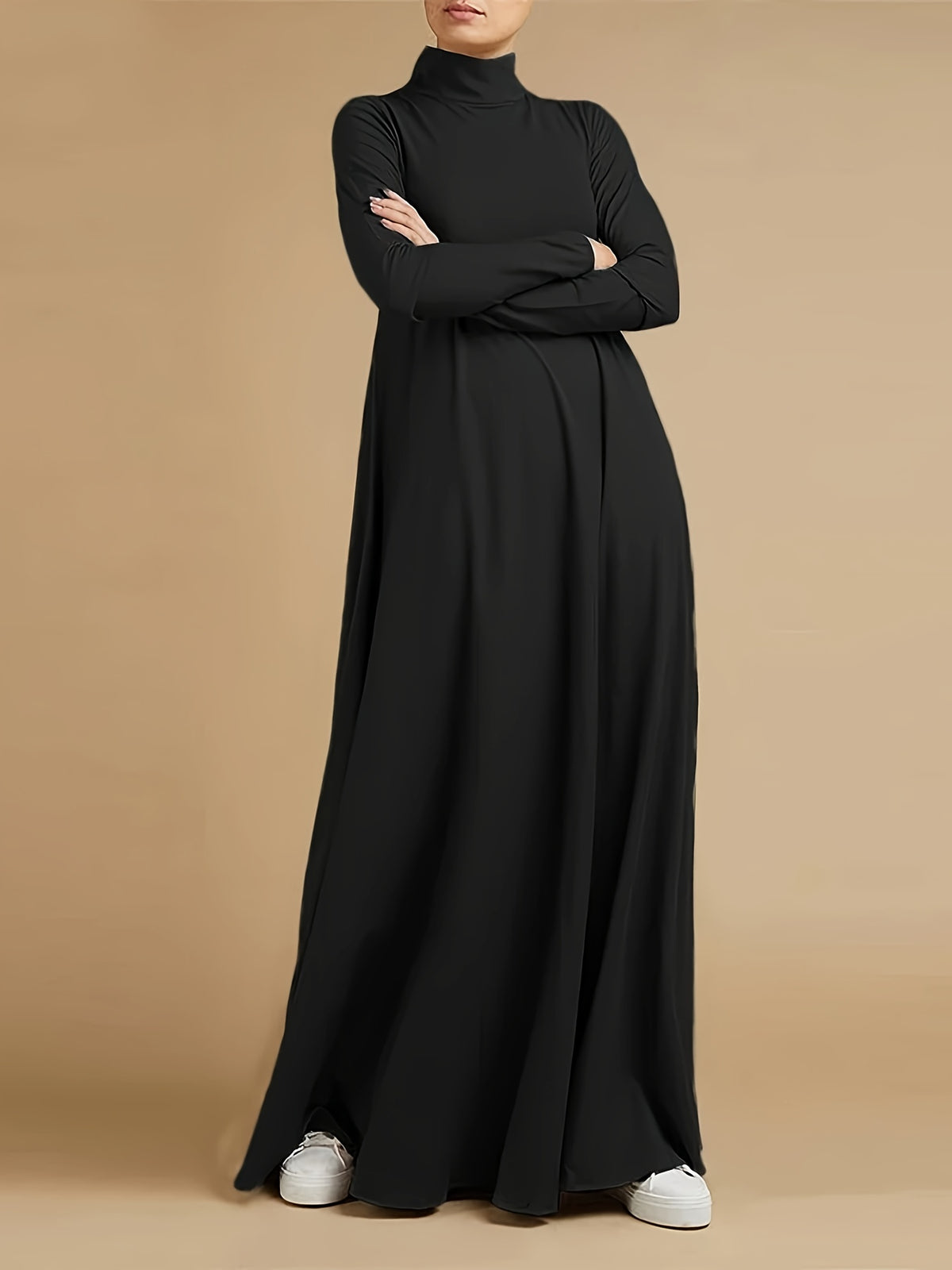 Women'S High Neck Long Sleeve Casual Loose Solid Color Long Dress - Black