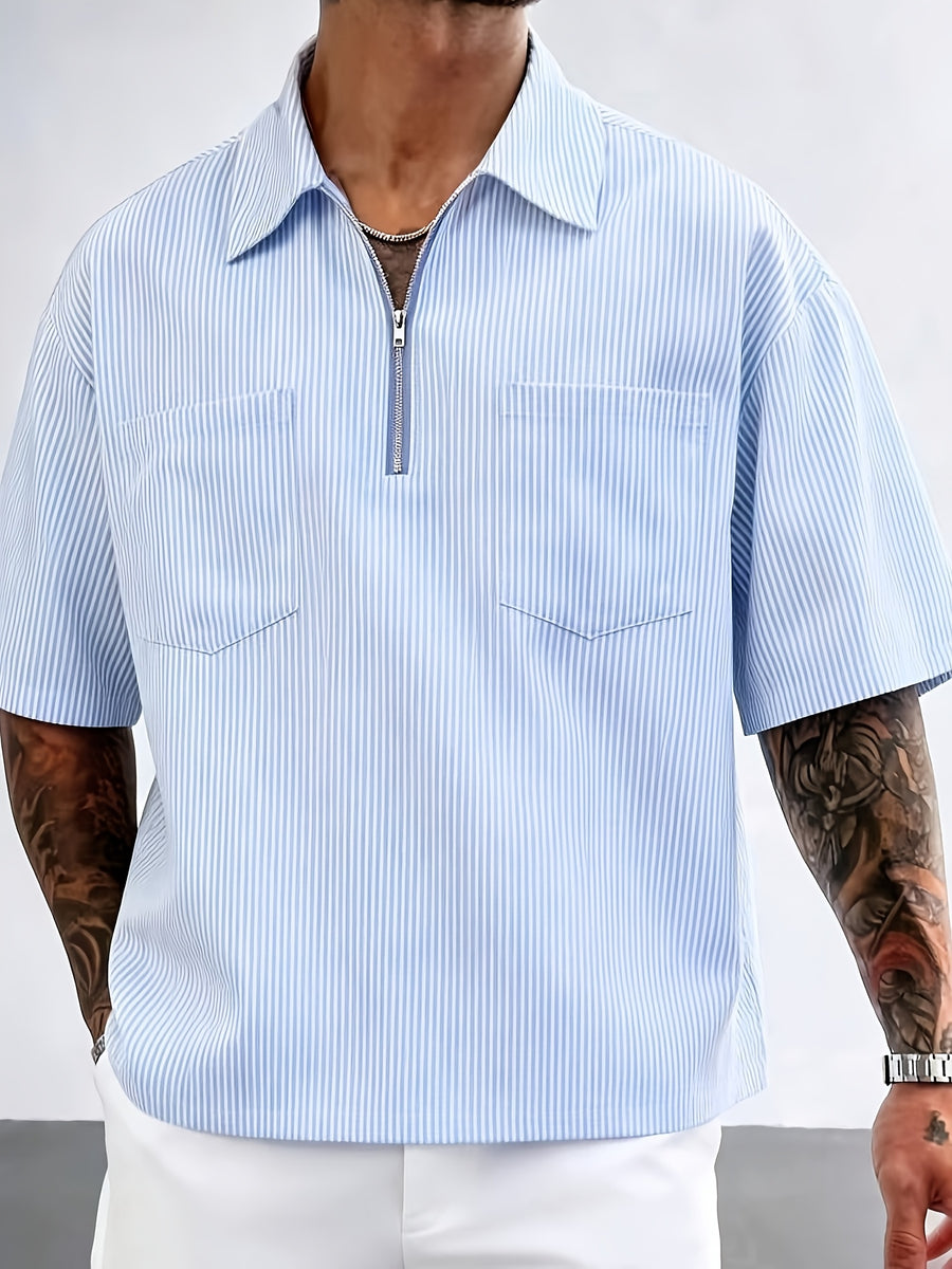 Men's Summer Striped Half-Zip Casual Short-Sleeve Shirt, Comfortable Fabric, Loose Fit, Suitable for Home, Outdoors, and Vacation Travel - Light Blue