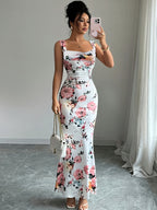 Women'S Summer Printed Ruffled Square Neck Sleeveless Long Dress, Suitable for Beach Dates - Milky