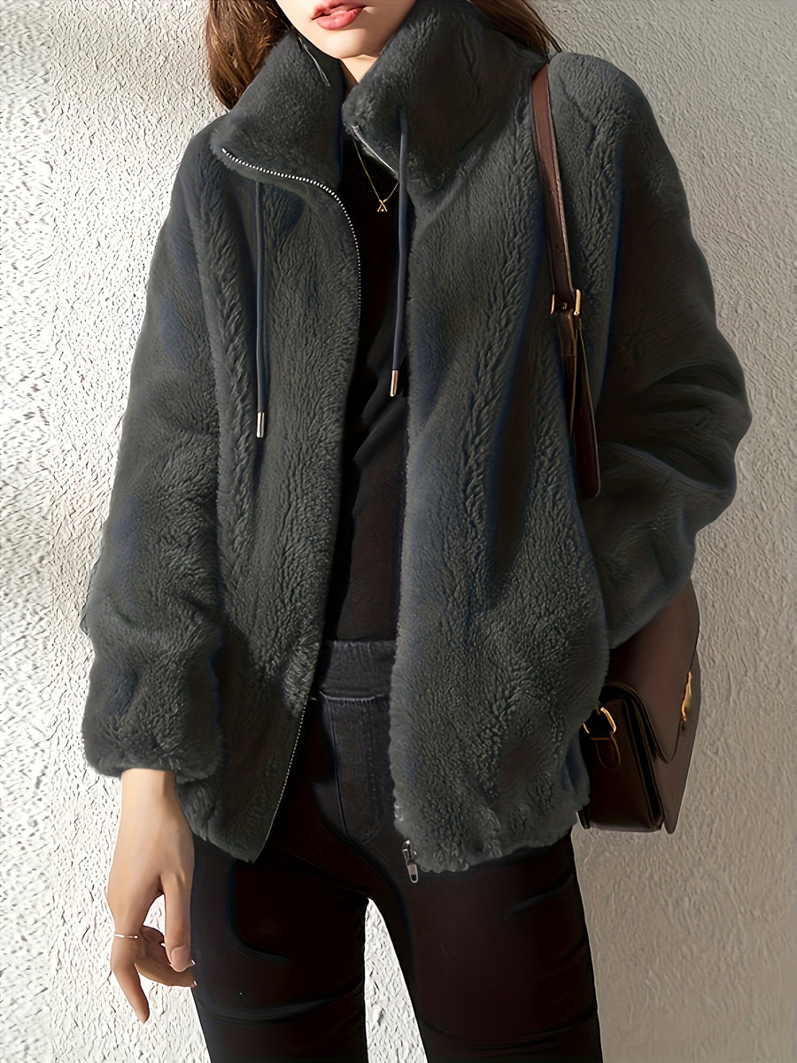 Solid Color Plush Coat, Stand Collar Thick Warm Zipper Drawstring Loose Women'S Coat - Graphite Color