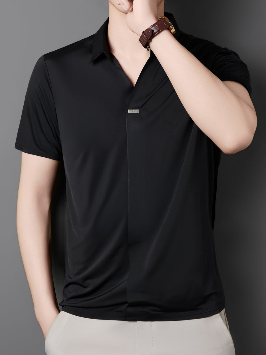 New Men's Seamless Short-Sleeve Shirt, Suitable for Business Casual Wear, Ideal for Both Work and Formal Occasions, Casual and Comfortable Style - Black
