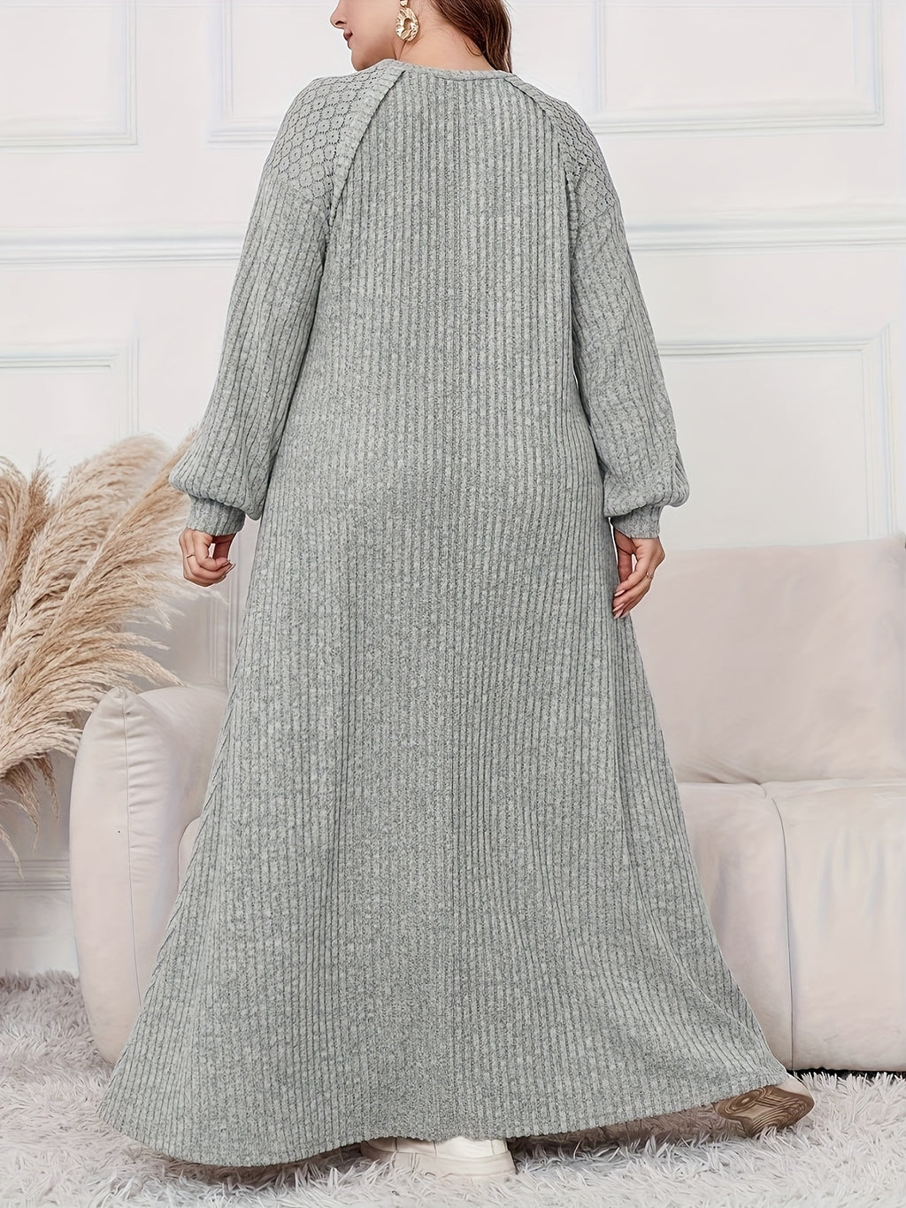 Plus Size, Women's Plus Size Elegant Maxi Dress - Long Sleeve Round Neck H-Line Dress with Wide Hems, All-Season -Length Gown for Weddings, Parties & Casual Attire, Machine Washable (Middle East Collection) - In Stock - Light Grey