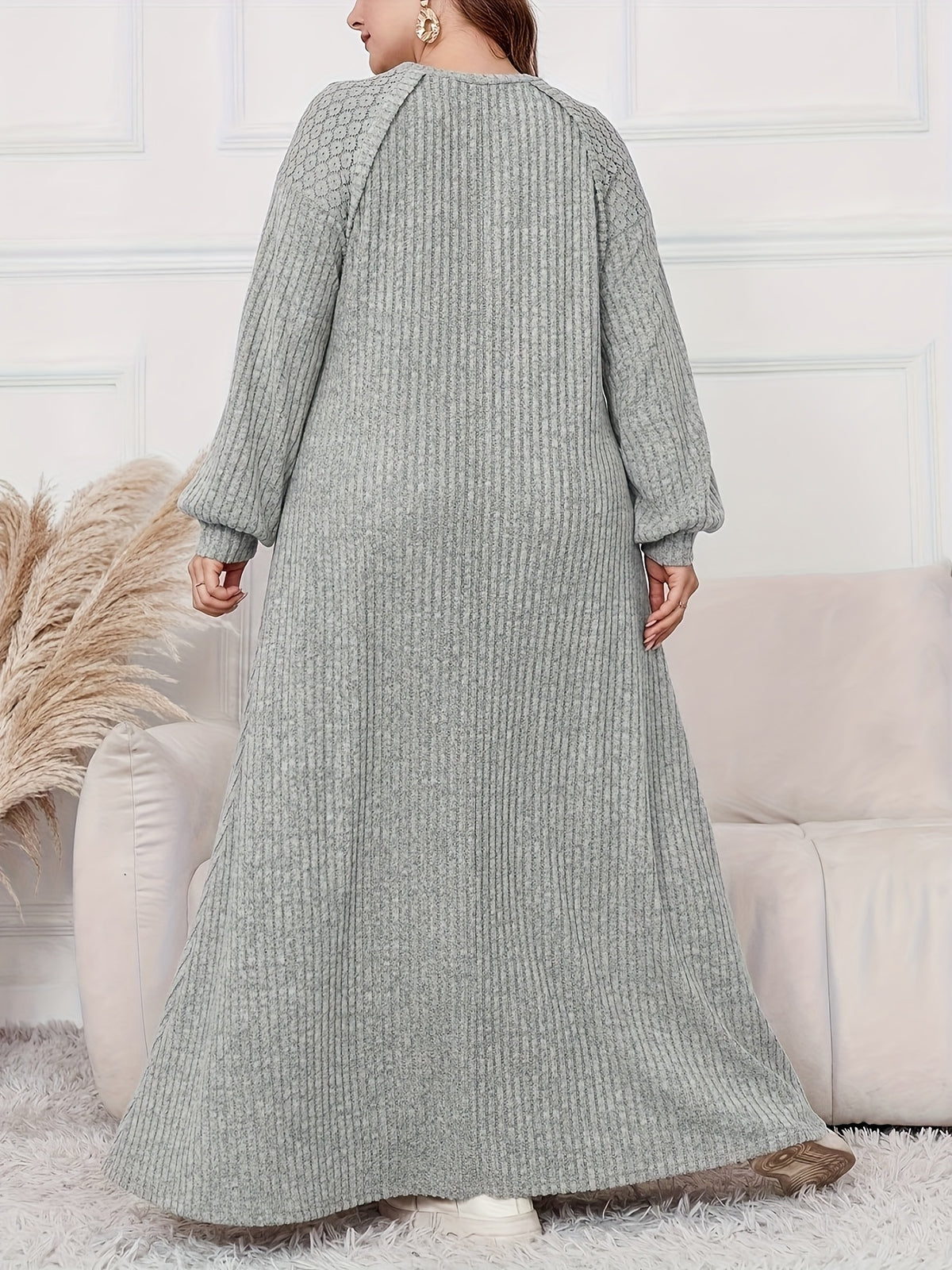 Plus Size, Women's Plus Size Elegant Maxi Dress - Long Sleeve Round Neck H-Line Dress with Wide Hems, All-Season -Length Gown for Weddings, Parties & Casual Attire, Machine Washable (Middle East Collection) - In Stock - Light Grey