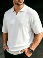Men's Summer Jacquard Ribbed Lapel Short-Sleeve T-Shirt, Simple Casual Breathable Business Versatile Knitted Polo Shirt - White