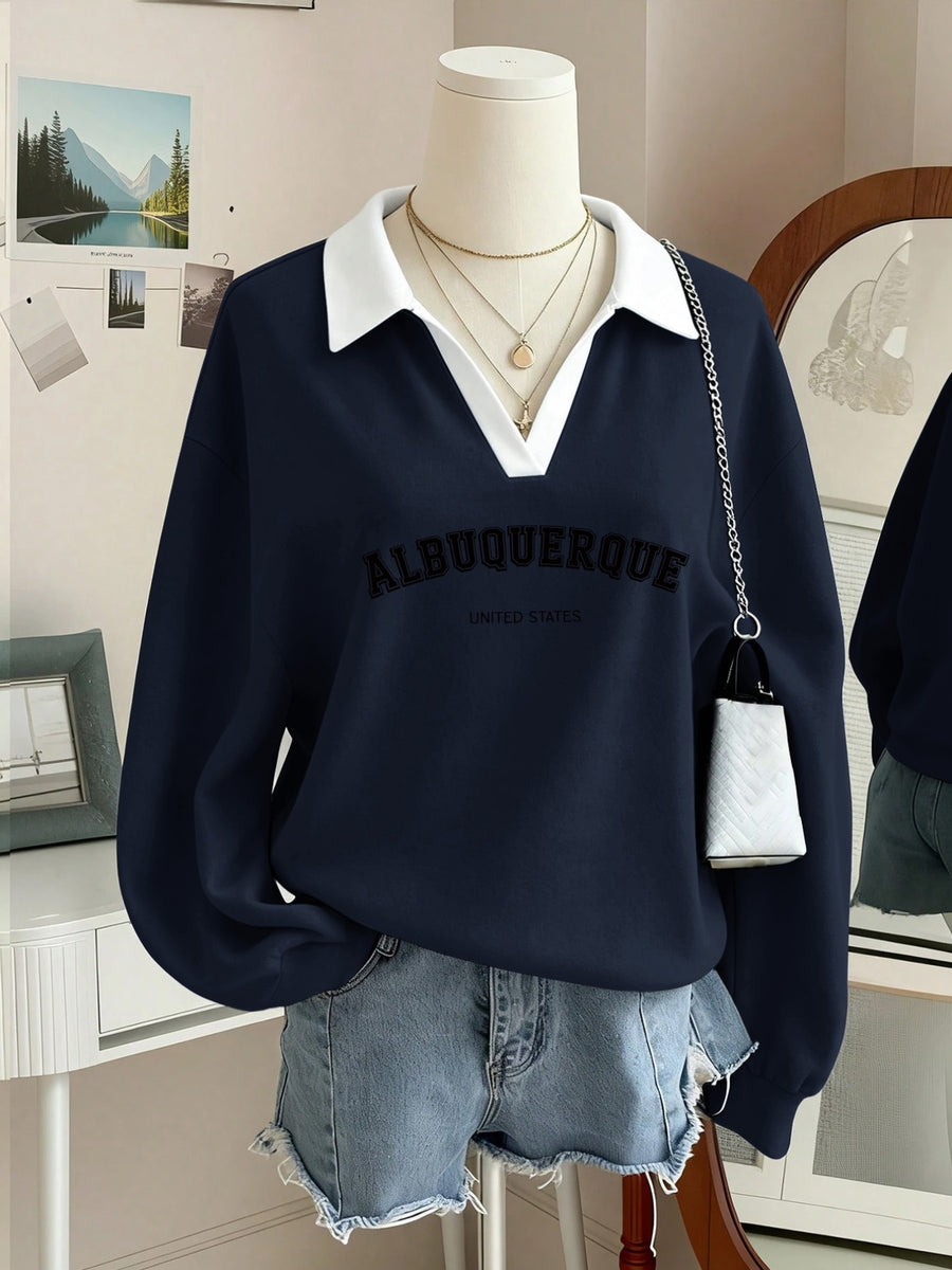 Women's Graphic Print Contrast Collar Polo V Neck Long Sleeve Sweatshirt, Loose Soft Casual Fall Winter Daily Wear - Navy blue color