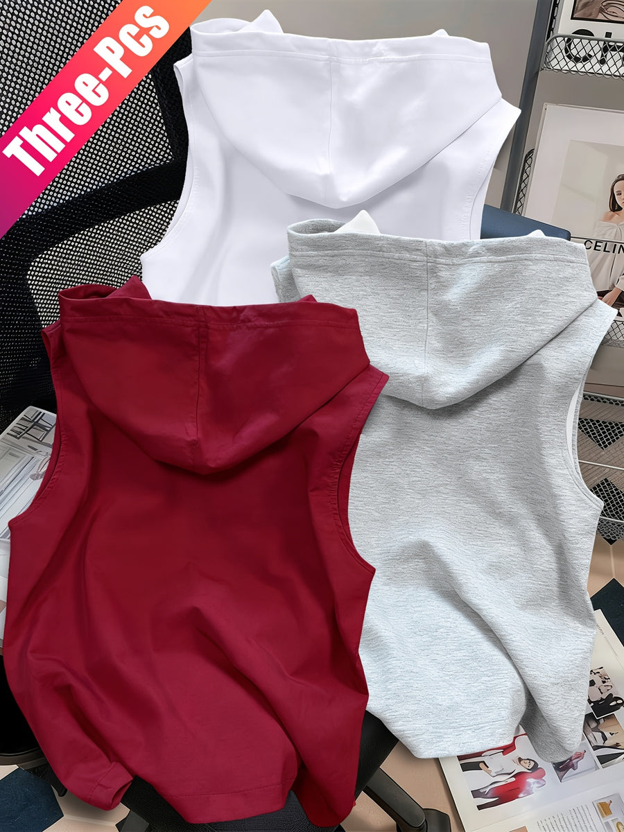 3pcs Men's Hooded Tank Tops - Korean Style Sleeveless Vests, Loose Fit Slimming Athletic Shirts Suitable for Summer Gym, Layering Base Layers, Machine Washable Solid Color Tops, Multi-Color Options for Casual & Outdoor Wear - Red+gray+white