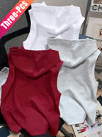 3pcs Men's Hooded Tank Tops - Korean Style Sleeveless Vests, Loose Fit Slimming Athletic Shirts Suitable for Summer Gym, Layering Base Layers, Machine Washable Solid Color Tops, Multi-Color Options for Casual & Outdoor Wear - Red+gray+white