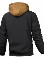 Men's Solid Color Hooded Air Force One Jacket - Loose Fit Zippered Coat with Full-Length Zipper Front, Full-Liner for Spring/Autumn/Winter, Casual Outerwear (No Belt Required) - Black
