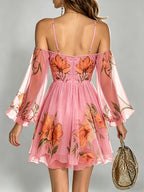 Women's Spring/Summer Casual Elegant Vacation Off-Shoulder V-Neck Printed Flared Sleeve Mini Dress ZLLZ - Pink