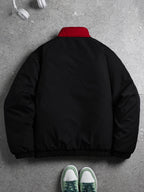 2026 Autumn/Winter New Men'S Color-Blocked Retro Stand-Up Collar Jacket Letter Street Trendy Jacket Regular Edition Fashionable Dressing Suitable for Multiple Scenarios Versatile Single Item - Black