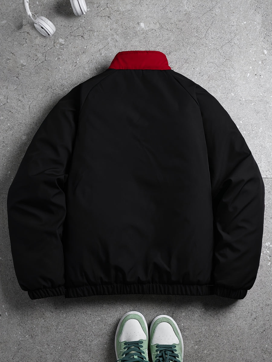 2026 Autumn/Winter New Men'S Color-Blocked Retro Stand-Up Collar Jacket Letter Street Trendy Jacket Regular Edition Fashionable Dressing Suitable for Multiple Scenarios Versatile Single Item - Black