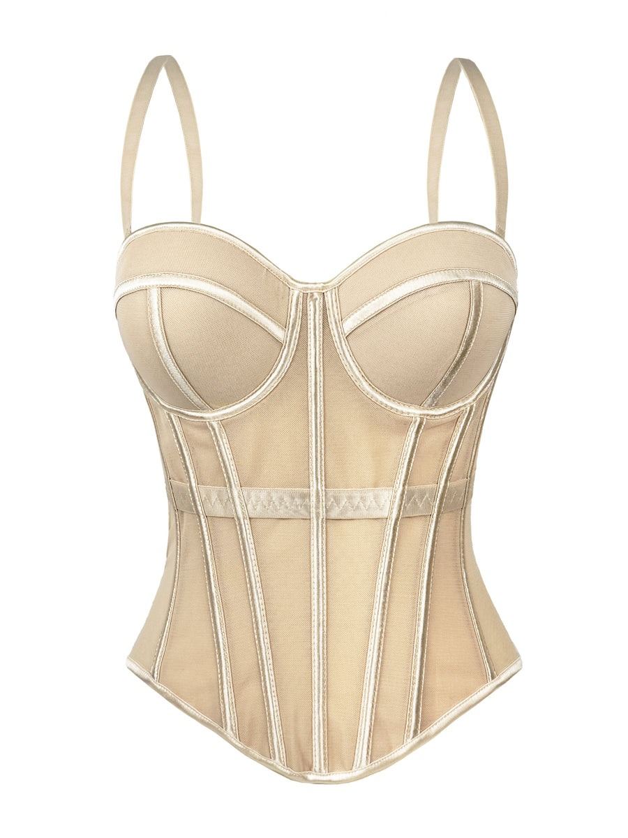 Elegant Mesh Sheer Fishbone Bustier, Tummy Control Shapewear Outerwear Elegant Tight Camisole Top, Stage Performance Strappy Top, Women'S Clothing - Apricot