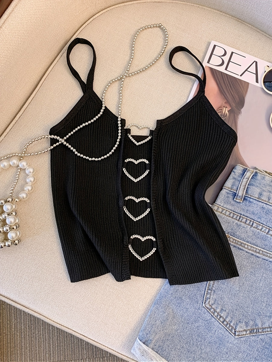 Style, Western Spring/Summer New Fashion Heart Hollow Out Cami Vest Top - Black