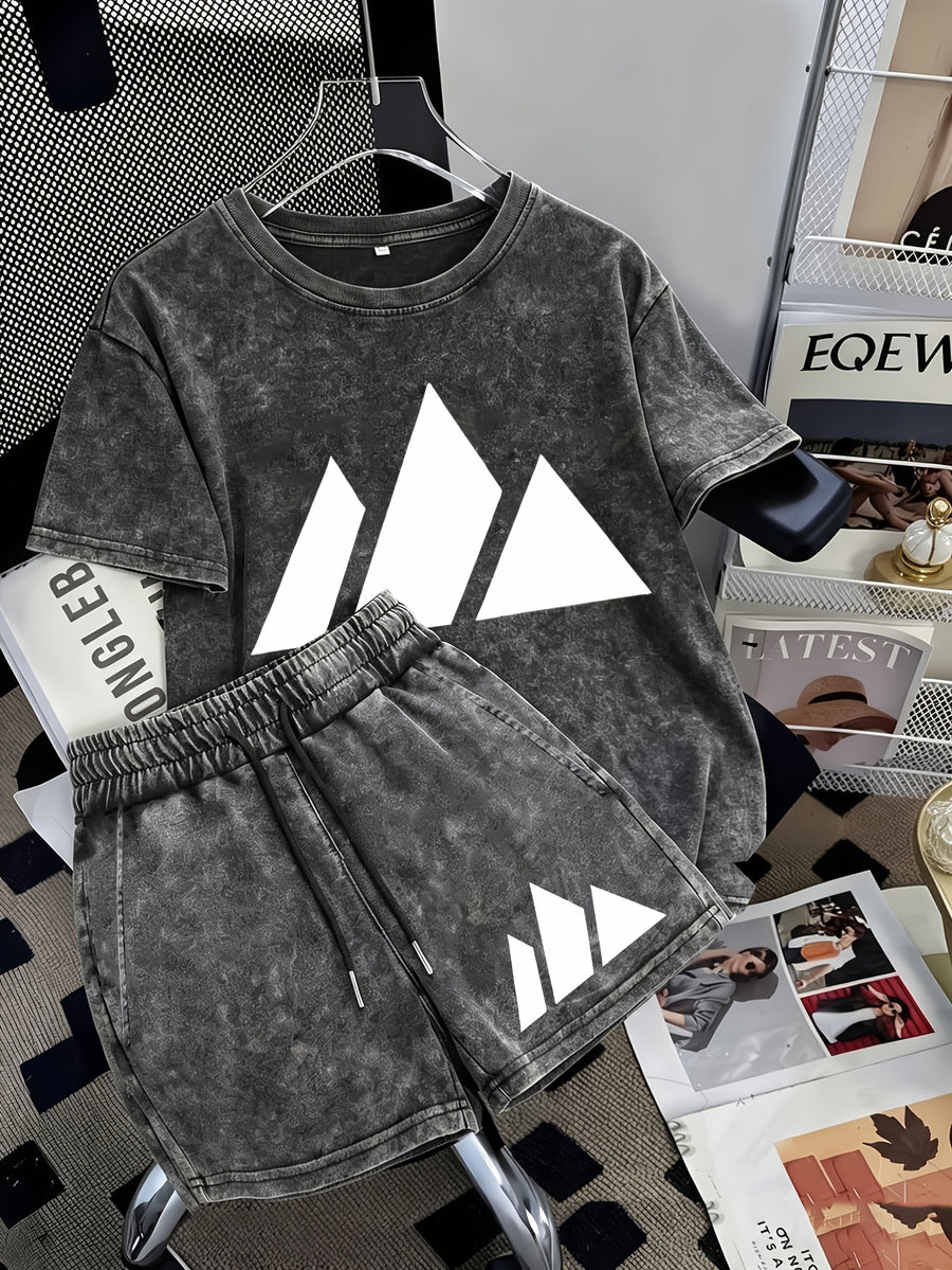 Summer Trendy Distressed Washed Short Sleeve Shorts Drawstring Women's Set, Minimalist Mountain Peak Line Drawing Print, Minimalist Outdoor Style, Artistic and Fresh Style, Forest-Inspired Natural Style, Comfortable for Hot Weather - Black