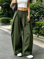 Women's Elegant Vintage High-Waisted Wide- Pants - Loose Fit Solid Green Trousers with Curved Hem & Zipper Closure, Machine Washable Suitable for Spring/Summer Casual Streetwear, Office, Casual Attire - Military Green