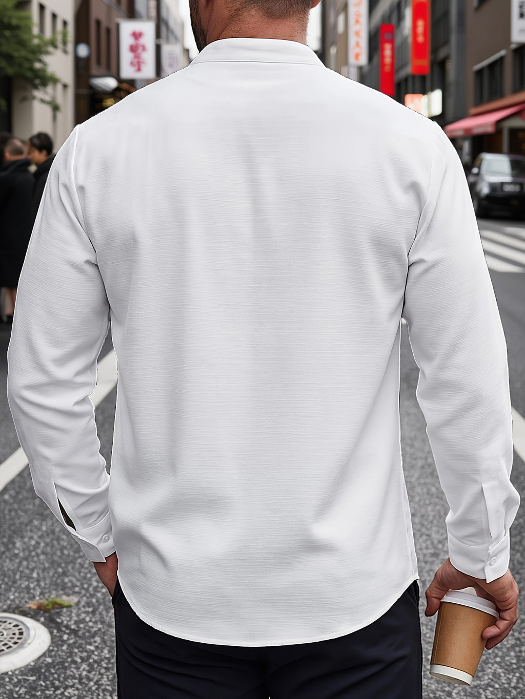 [Spring/Autumn Limited] Urban Side Pinstripe Men'S Long Sleeve Shirt, Woven Fabric Small Stand Collar Single Button Long Sleeve Basic Shirt with Side Pleat Detail to Break Monotone, Suitable for Daily Outings And Casual Dates - White