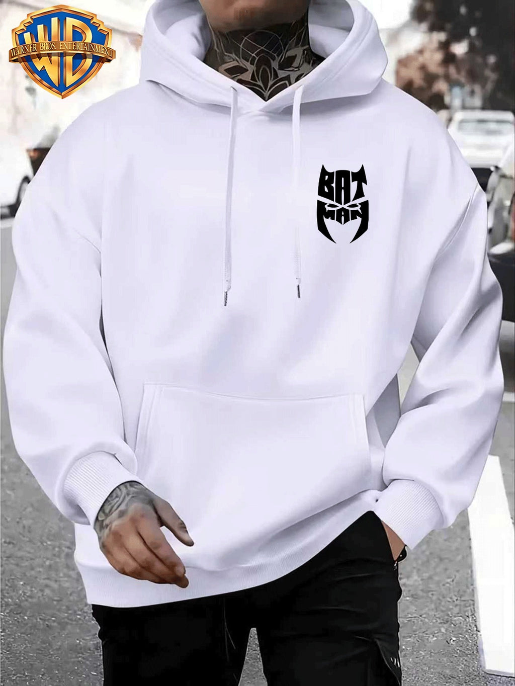 Casual Sporty Loose Hooded Sweatshirt, Retro Batman Comic Patchwork Cartoon Print, Men'S Casual All-Match Adjustable Drawstring Hoodie Comfortable Casual Autumn Winter Wear, for Sports, Outdoors, Picnics, Travel, Daily Home Wear - White