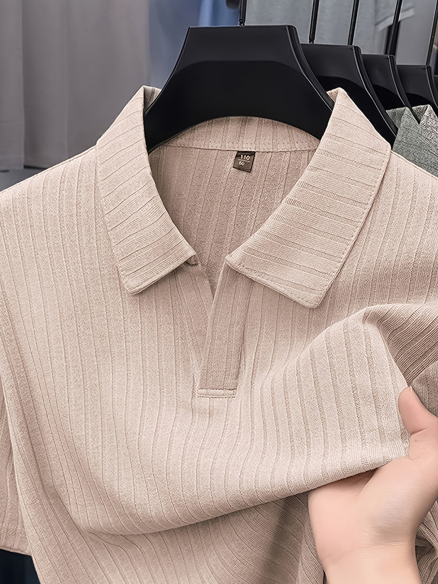 Old Money Aesthetic Vertical Ribbed Polo Sweater, Solid Color No-Button V-Neck Design, Commute Business/Casual Gathering Multi-Scene Short Sleeve Top, Light Athletic Non-Pick Body Men'S Top, Knit - Khaki