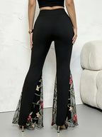 Dark Style Women'S Floral Embroidery Mesh Flared Pants, Romantic Rose Embroidery Mesh Spliced Wide-Leg Pants - High-Waisted See-Through Micro-Flare Pants, Party Clubbing / Hot Street Style / Y2K / Trendy, Sexy And, Women'S Long Pants - Black