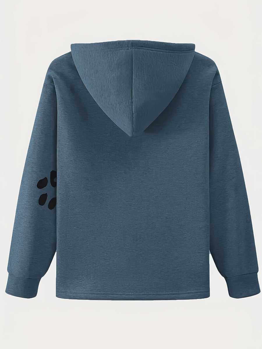 New Women'S Sweater Animal Head Printed Hooded Loose Fit Sweater - Navy Color
