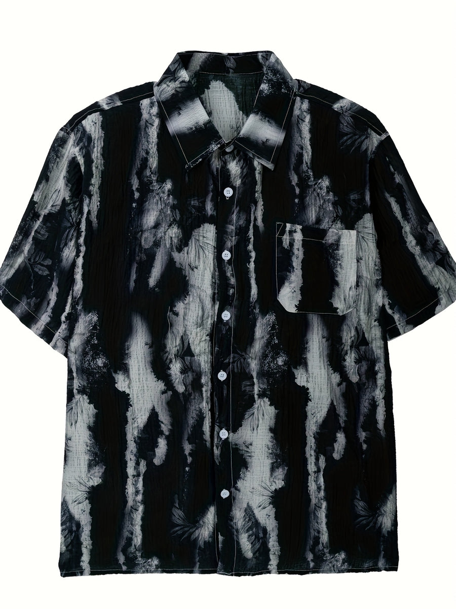 Hot-weather Guys, Check This Out! Summer Lightweight Tie-dye Short-sleeve Shirt, Hawaiian-style Slim-fit Beach Vacation Top, Chinese Size, Please Check The Size Guide Carefully - Black