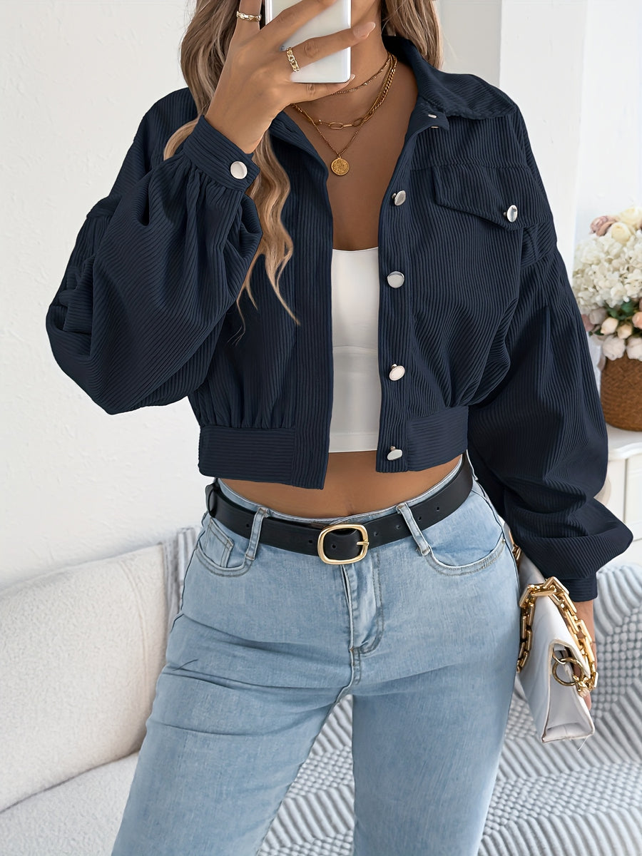 Spring Autumn Casual Vacation Solid Color Single Breasted Lantern Long Sleeve Corduroy Short Coat Women'S Jacket - Navy Color