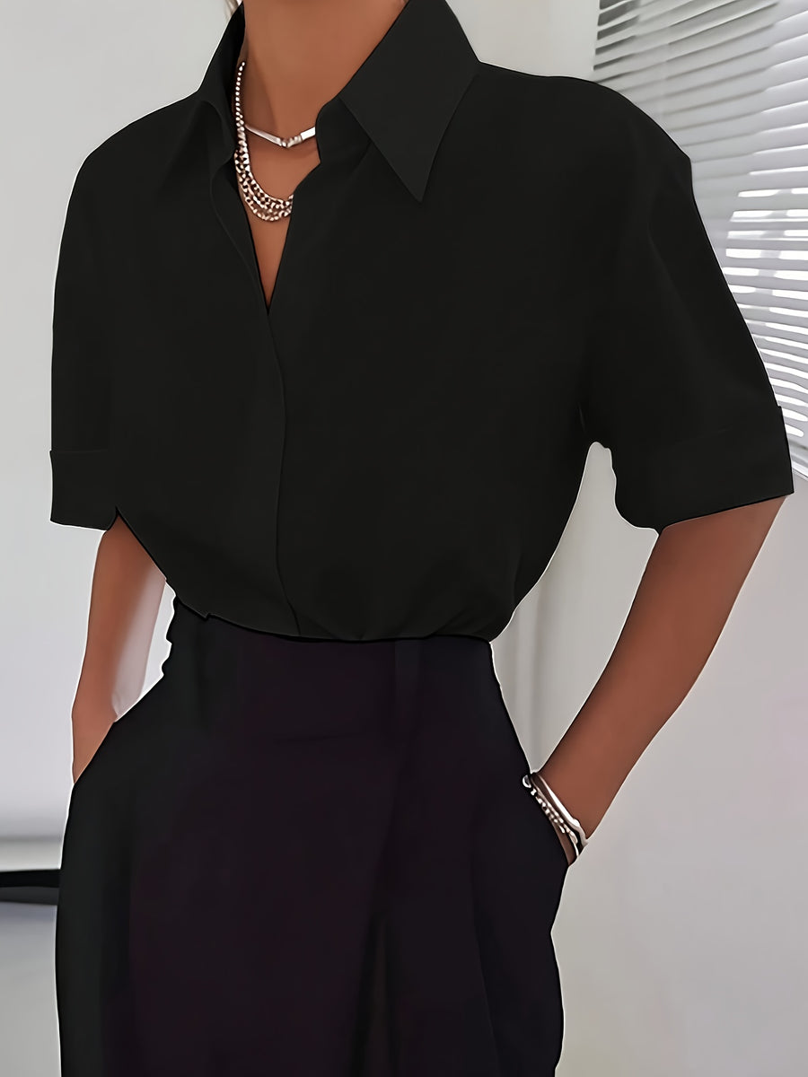 Women's Solid Color Elegant Neckline Short Sleeve Shirt - Black