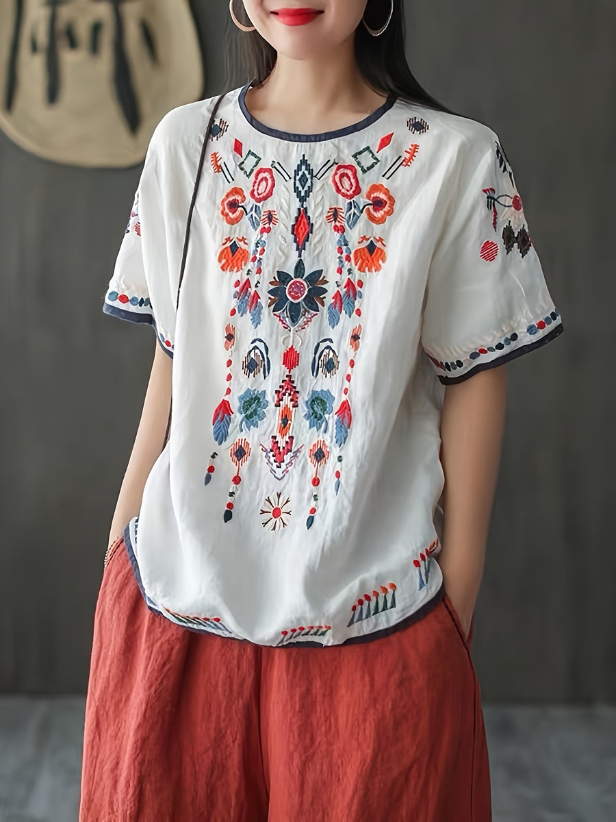 New Ethnic Style and Embroidered T-shirt for Women in Summer, Retro and Artistic, Loose and Oversized, and Versatile Short Sleeved Top The Chest, Cuffs, and Hem Are All Covered in Embroidered Patterns with Bohemian/ethnic Style - White