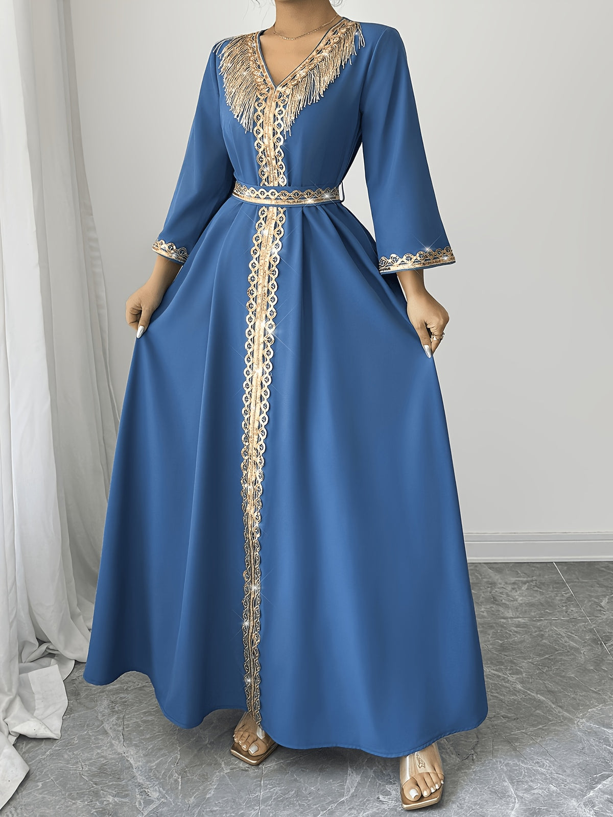 2026 New Abaya Robe Style Kimono Sleeve Long Dress V-Neck Caftan Robe Wrap Style Front Panel High Waist Empire Line Floor Length Dress Golden Lace Trim Sequined Embroidery Golden Bead Trim Golden Contrast Ruffle Tie Waist Skirt Muslim Fashion Arabic - Peacock Blue