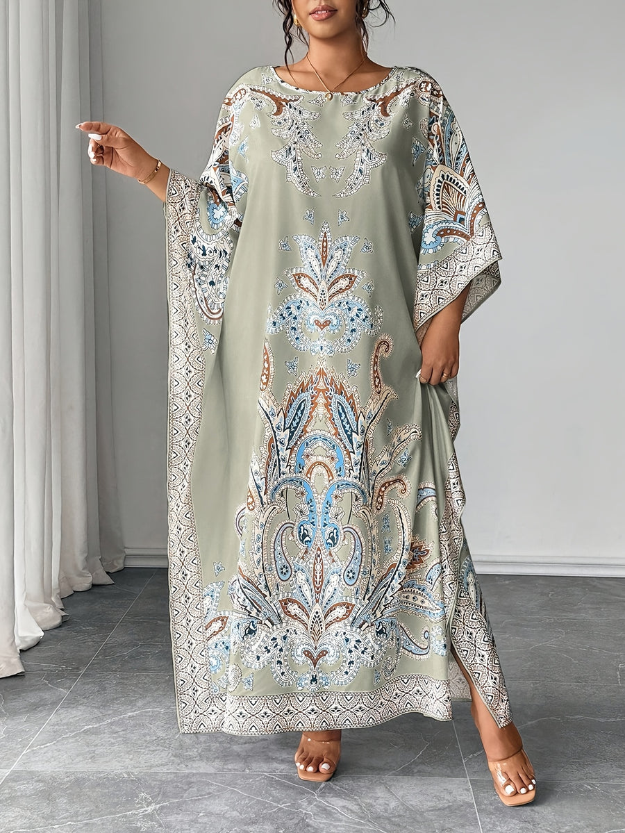 Plus Size - Plus Size - Plus Size Women'S Loose-Fitting Batwing Sleeve Printed Round Neck Dress - Matcha Color