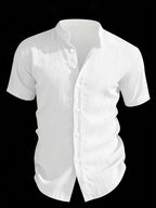 Henley Shirt 2026 Spring/Summer Men's New Apparel Men's T-Shirt Henley Shirt Stand Collar Shirt -  Product, Casual Fashion Unique Design, Plaid Button- Textured Shirt, Suitable for Pool, Outdoor Vacation, Travel, Seaside Beachwear, 1pc Outfit - White