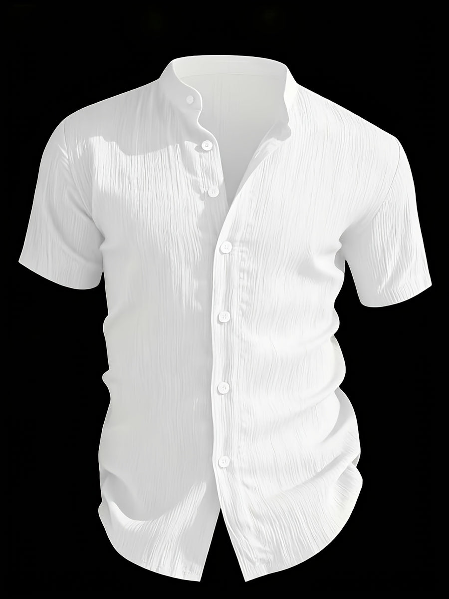 Henley Shirt 2026 Spring/Summer Men's New Apparel Men's T-Shirt Henley Shirt Stand Collar Shirt -  Product, Casual Fashion Unique Design, Plaid Button- Textured Shirt, Suitable for Pool, Outdoor Vacation, Travel, Seaside Beachwear, 1pc Outfit - White
