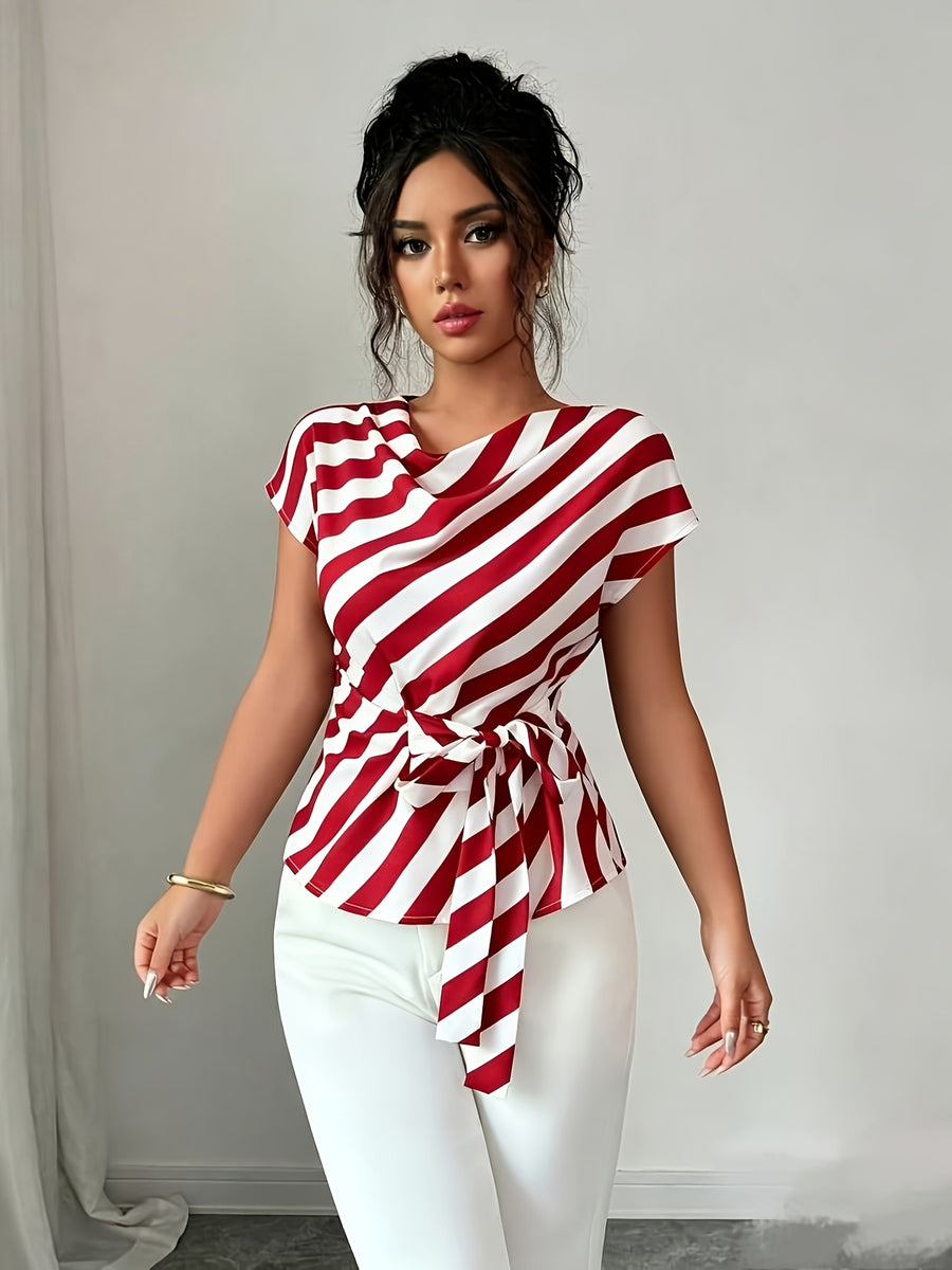 Women'S Elegant Commute High Neck Design Striped Print Vacation Casual Shirt - Multicolor
