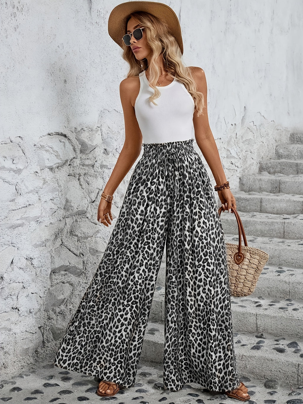 Vacation-style Leopard Print Wide-Leg Pants, Elastic Waist with Drawstring, Flared Casual Trousers with Pockets, Loose Fit Floor-Length Pants, European and American Style Outfit, Summer Solstice - Light Grey