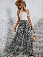 Vacation-style Leopard Print Wide-Leg Pants, Elastic Waist with Drawstring, Flared Casual Trousers with Pockets, Loose Fit Floor-Length Pants, European and American Style Outfit, Summer Solstice - Light Grey