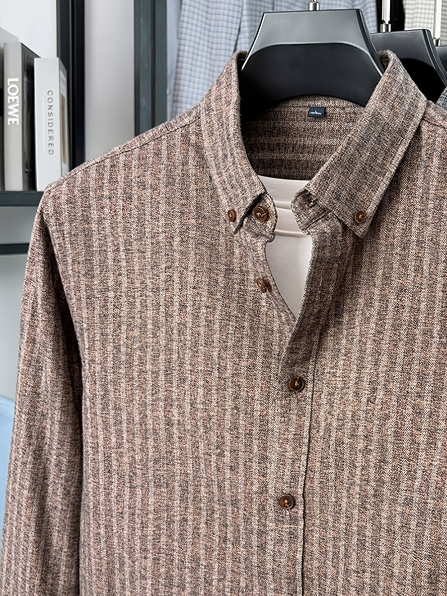 Men's Brushed Vertical Stripe Long-Sleeve Shirt, Vintage Vertical Stripes, Loose Casual Fit, Suitable for Autumn and Early Winter - SINBOS - Coffee Sticks