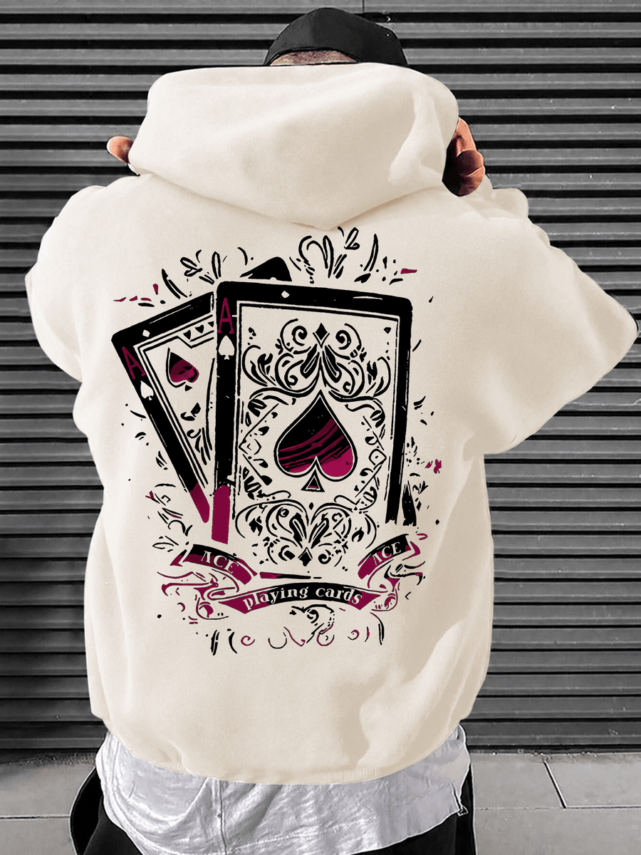 Men's Hooded Sweatshirt with Playing Card Print, Street Style Loose Fit Long Sleeve Pullover, Casual Sportswear Top - Khaki 1