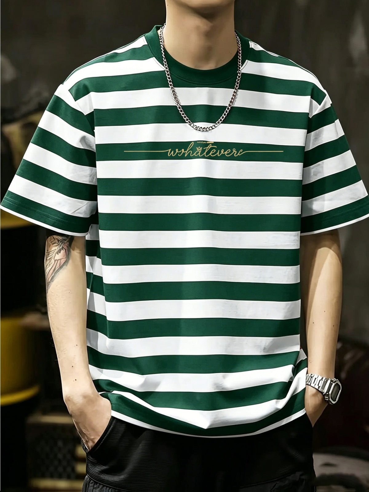 Simple Letter Print Fashion Men's Short Sleeve - Green And White