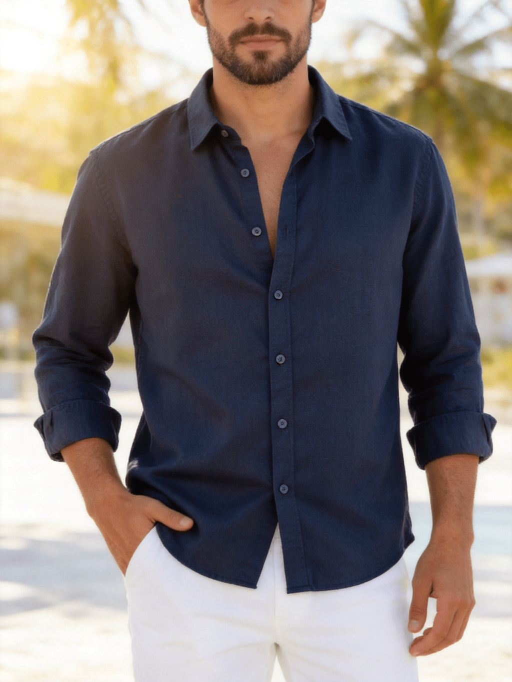 Single Piece Loose and Comfortable Men's Long Sleeved Shirt, with a Simple and Versatile Solid Color Style, Button Opening and Closing Design, Suitable for Casual Daily Wear. - Navy Color