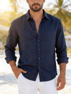 Single Piece Loose and Comfortable Men's Long Sleeved Shirt, with a Simple and Versatile Solid Color Style, Button Opening and Closing Design, Suitable for Casual Daily Wear. - Navy Color