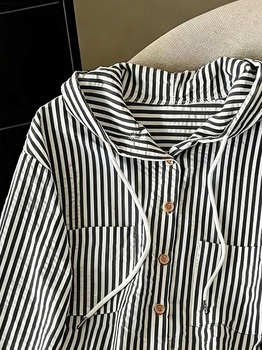 Relaxed Fit Striped Hooded Cardigan - Black