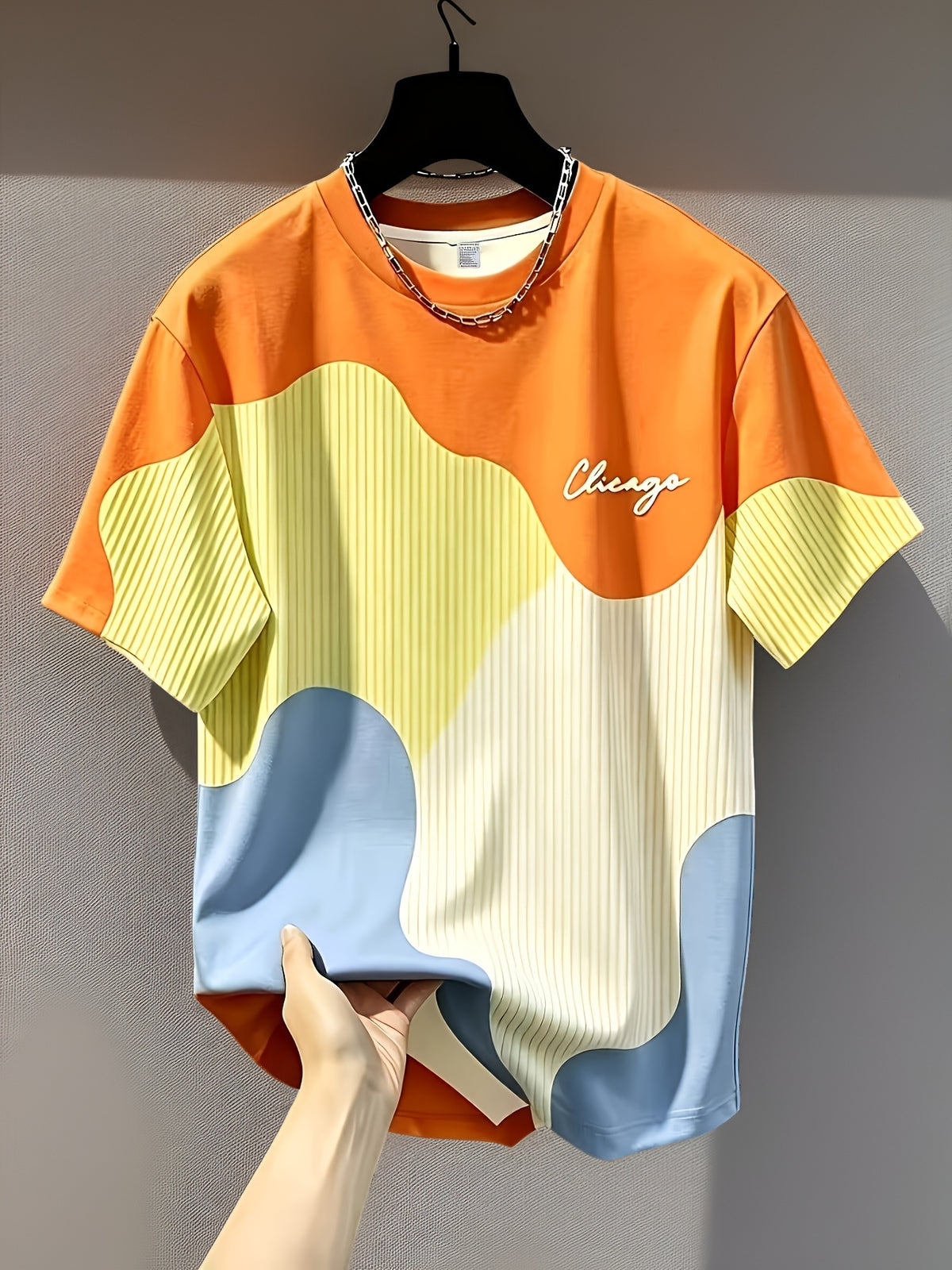 [Print Design - Non-Textured] Men'S Short Sleeve T-Shirt - Ins Style Loose Comfortable Casual Round Neck Top with Striped Wave Elements - Chicago Letter Print Design, Thin And Breathable, Machine Washable, Suitable for Office Commute - Mixed Color 3