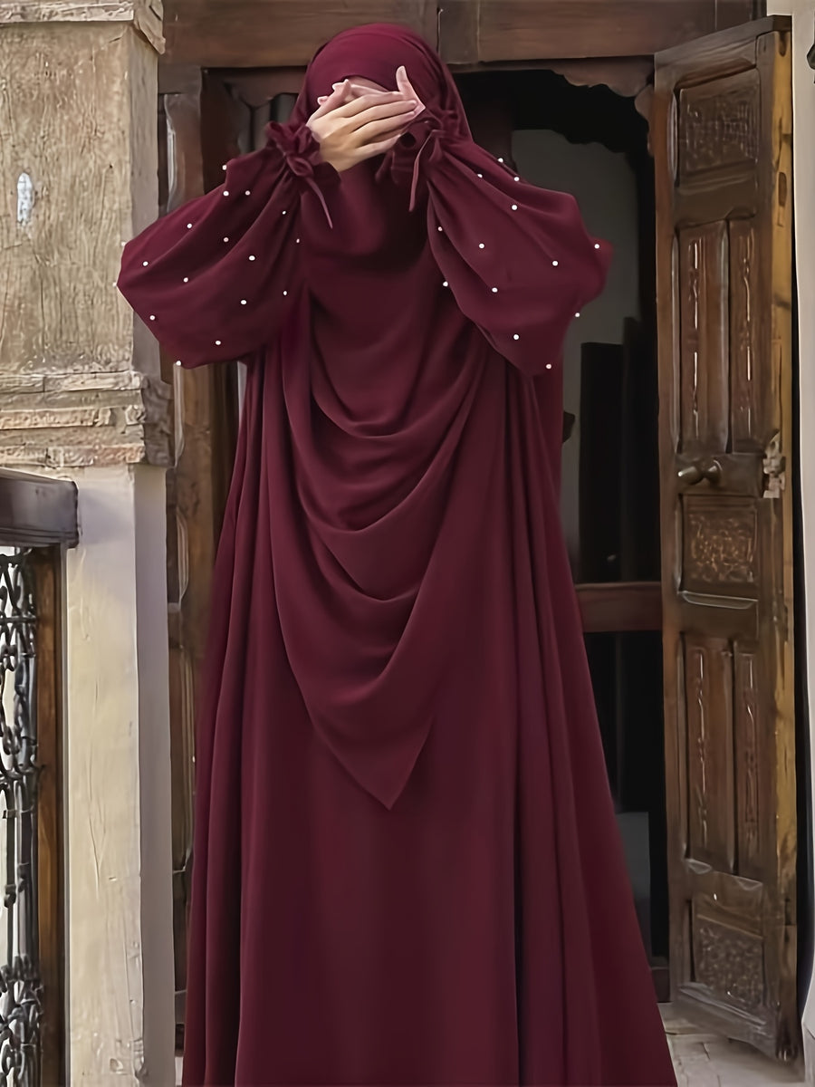 Middle Eastern Solid Color Women'S Robe with Pearl Sleeves Dress And Long Scarf 2pcs Set, Ideal for Women'S Daily Wear, Travel, And Ramadan - Deep Red