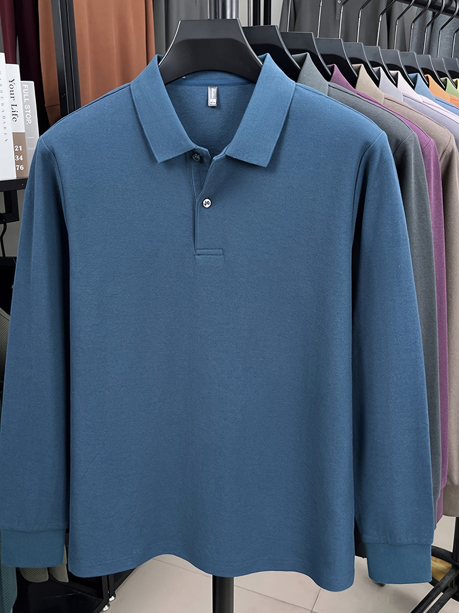Spring and Autumn Men's Lapel Polo Shirt, Fashionable Solid Color Base Layer Top, Versatile Business Casual Long Sleeve T-Shirt, Suitable for Daily Work Scenes, The Best Gift for Friends and Relatives - Lake Blue