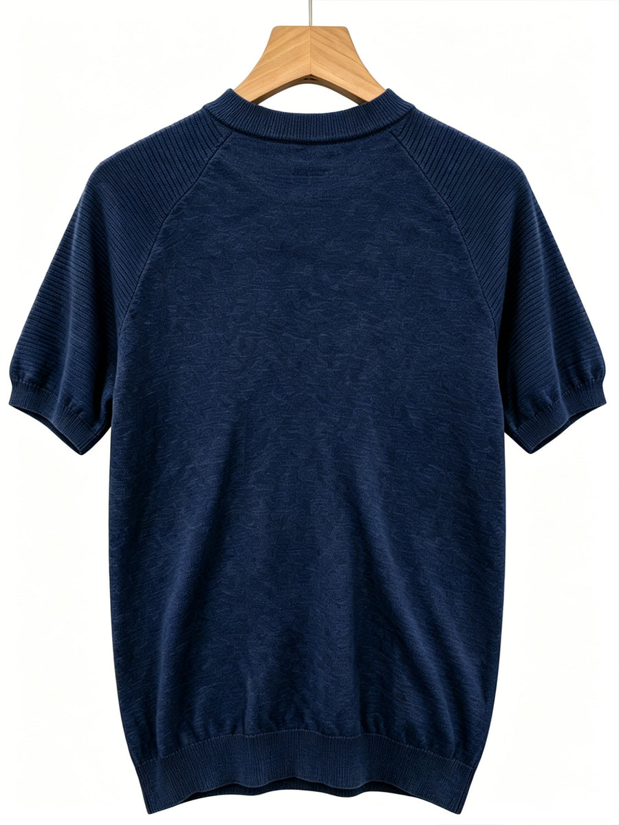 Men's Raglan Short Sleeve Knit Sweater with Coconut Tree and Sunset Small Embroidery, Crew Neck Casual Pullover Top - Navy Color